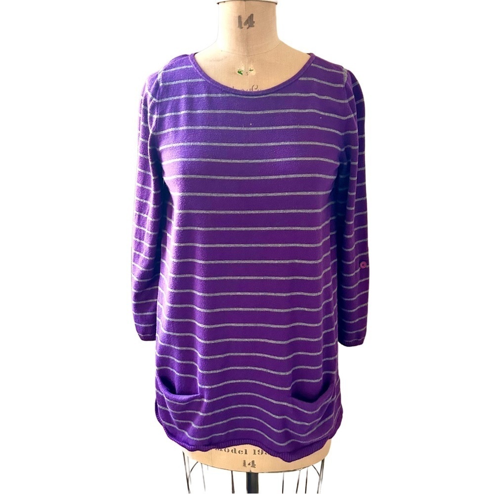 Nordstrom womens Caslon Purple Grey Stripe Tunic Long sweater Cotton Blend Sz L